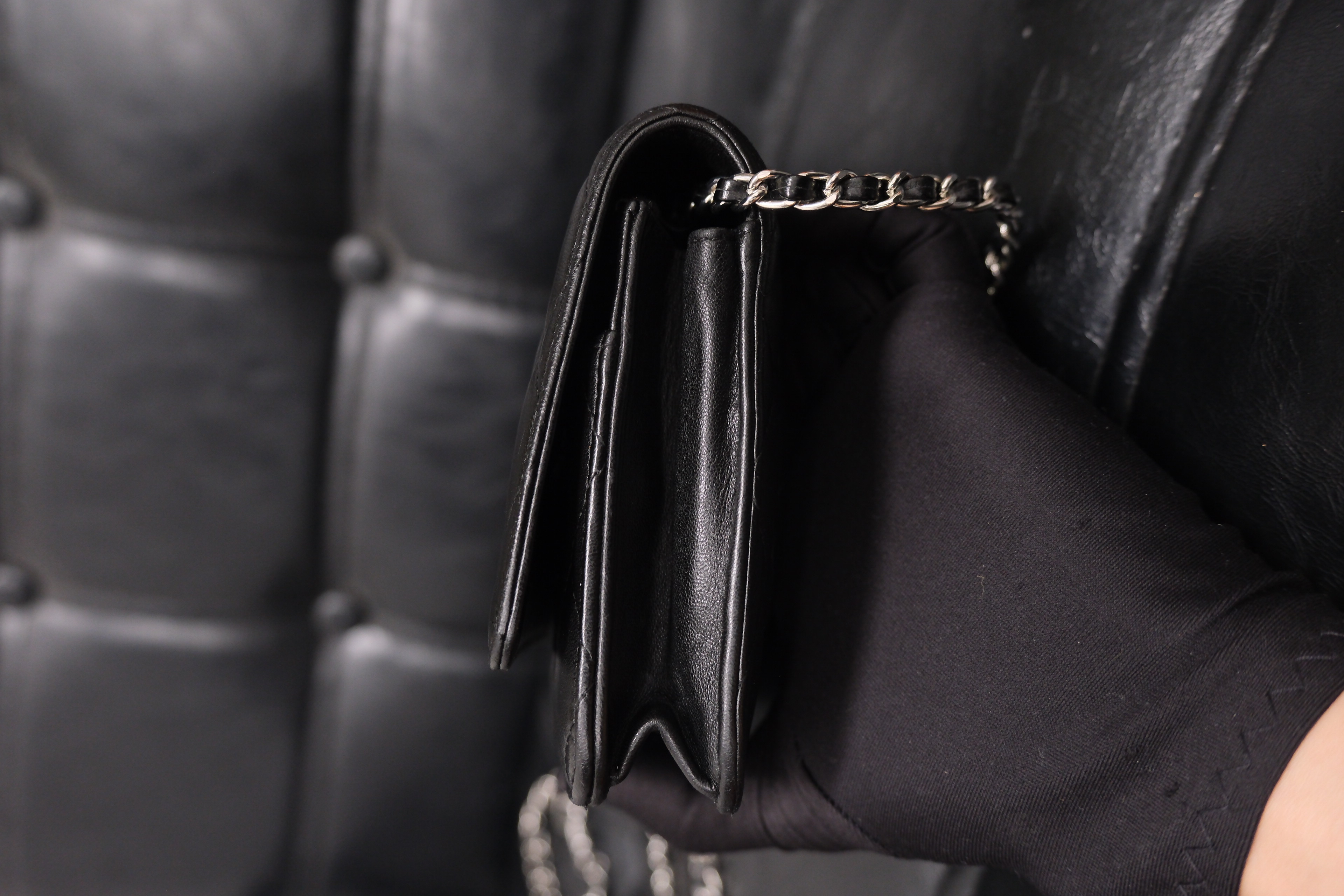 Chanel Lambskin Chain Wallet Black Silver 