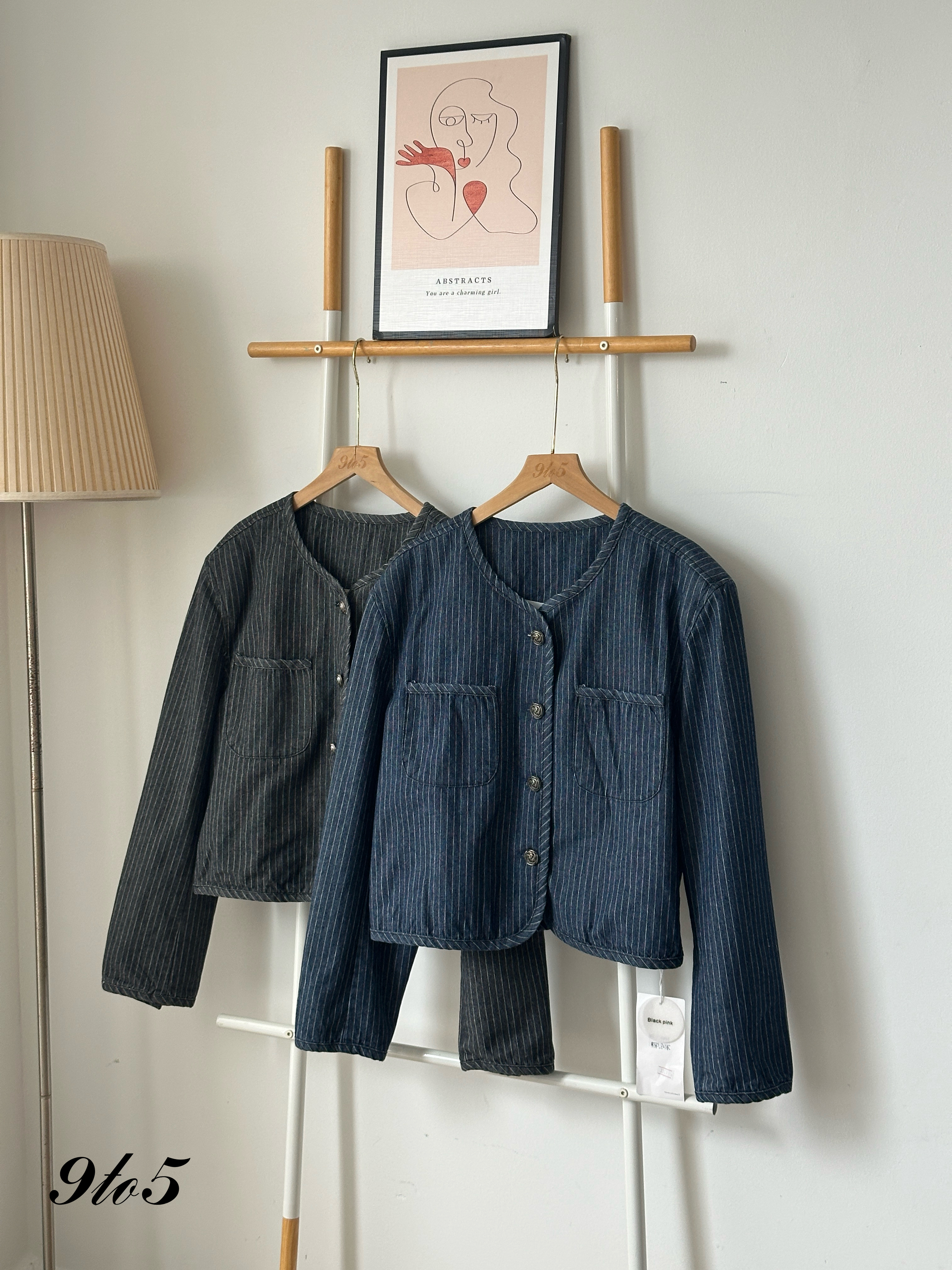 T4035 Striped Denim Jacket - Black & Blue