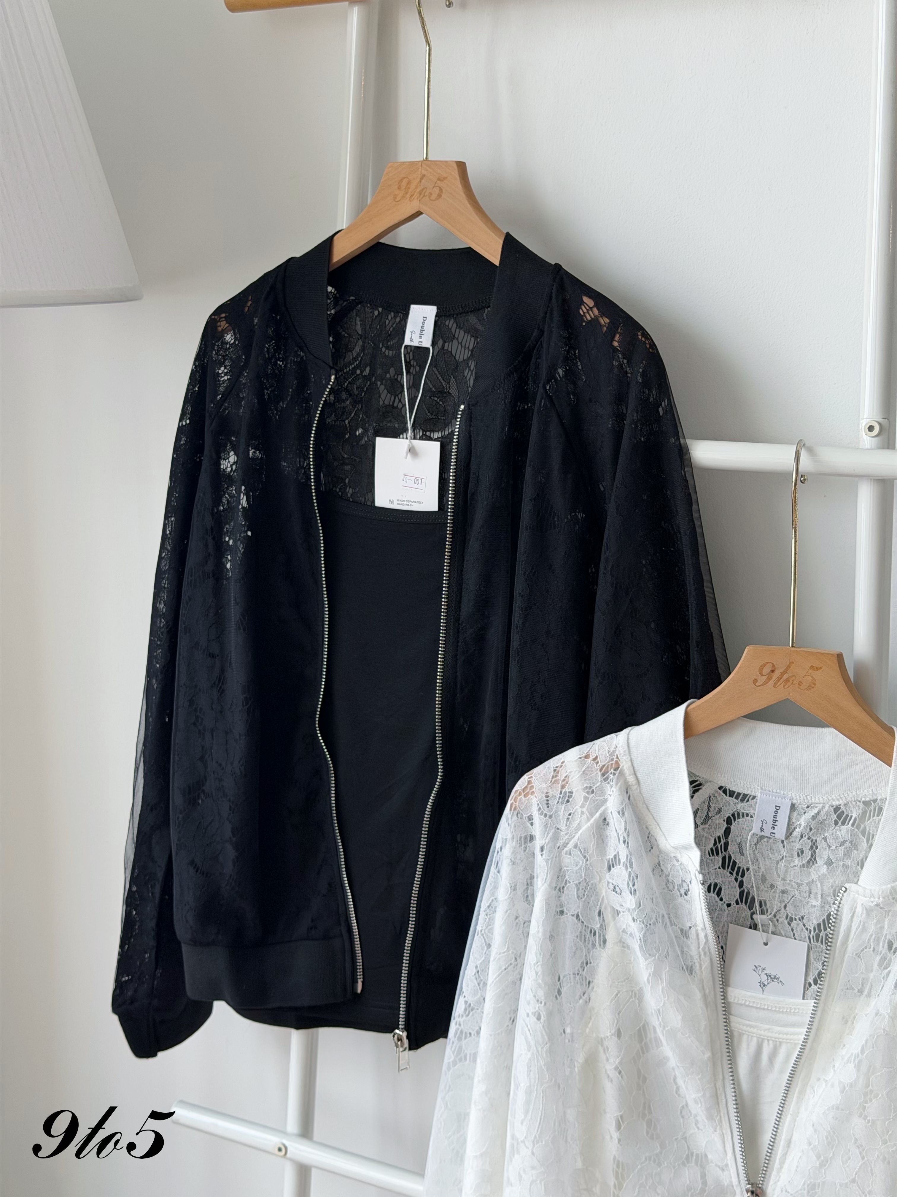 T4495 Long Sleeve Lace Bomber Jacket - Black & White