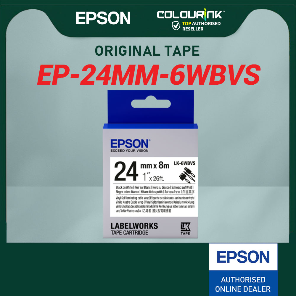 EPSON Original 24mm 36mm Vinyl Self Lami Wrap Tape 6WBVS 7WBVS Black on White Cable Wire Label LW-Z700FK LW-Z900FK