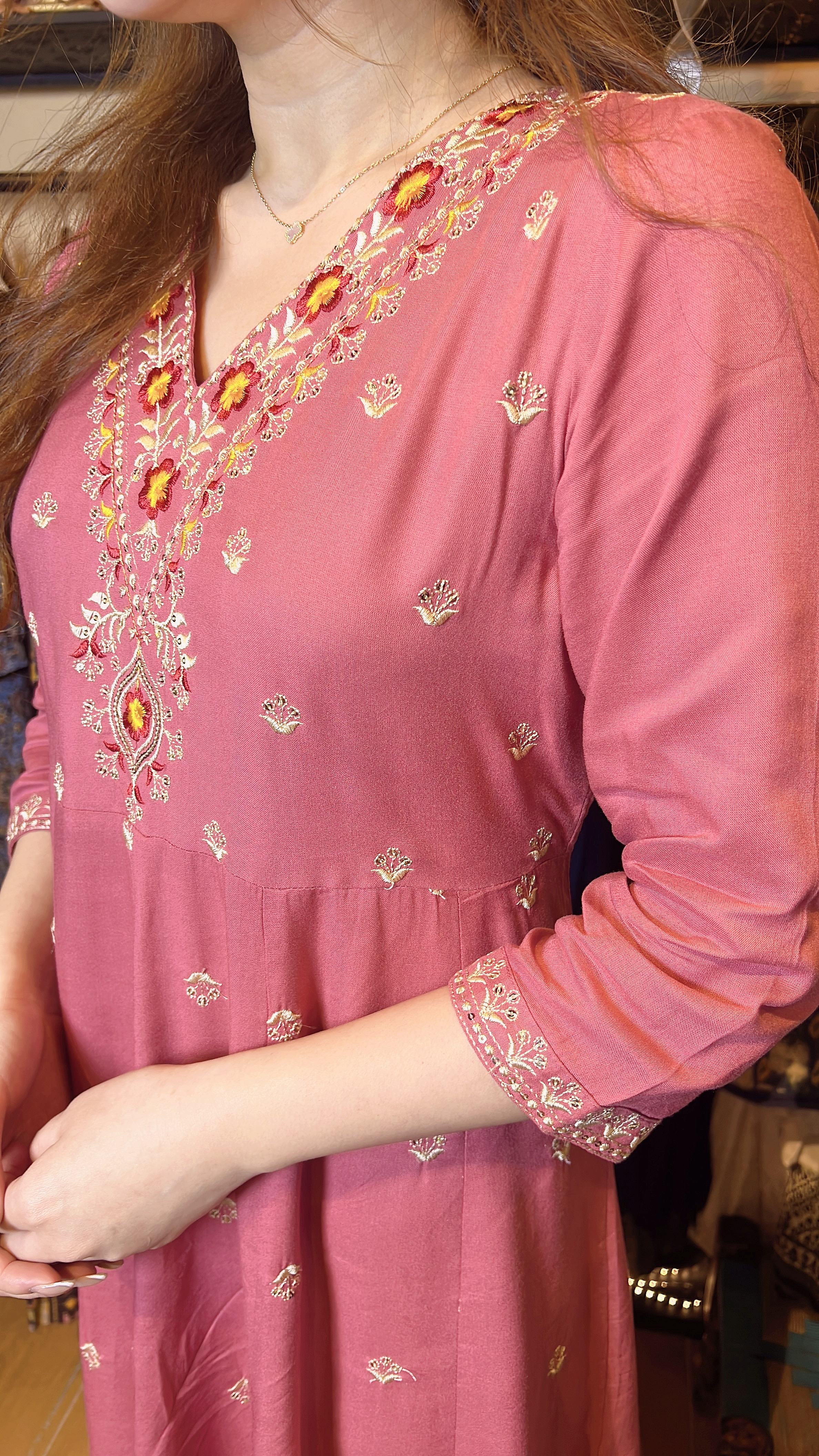 Pink Emb Big V Neck Cotton OP 46" #1051