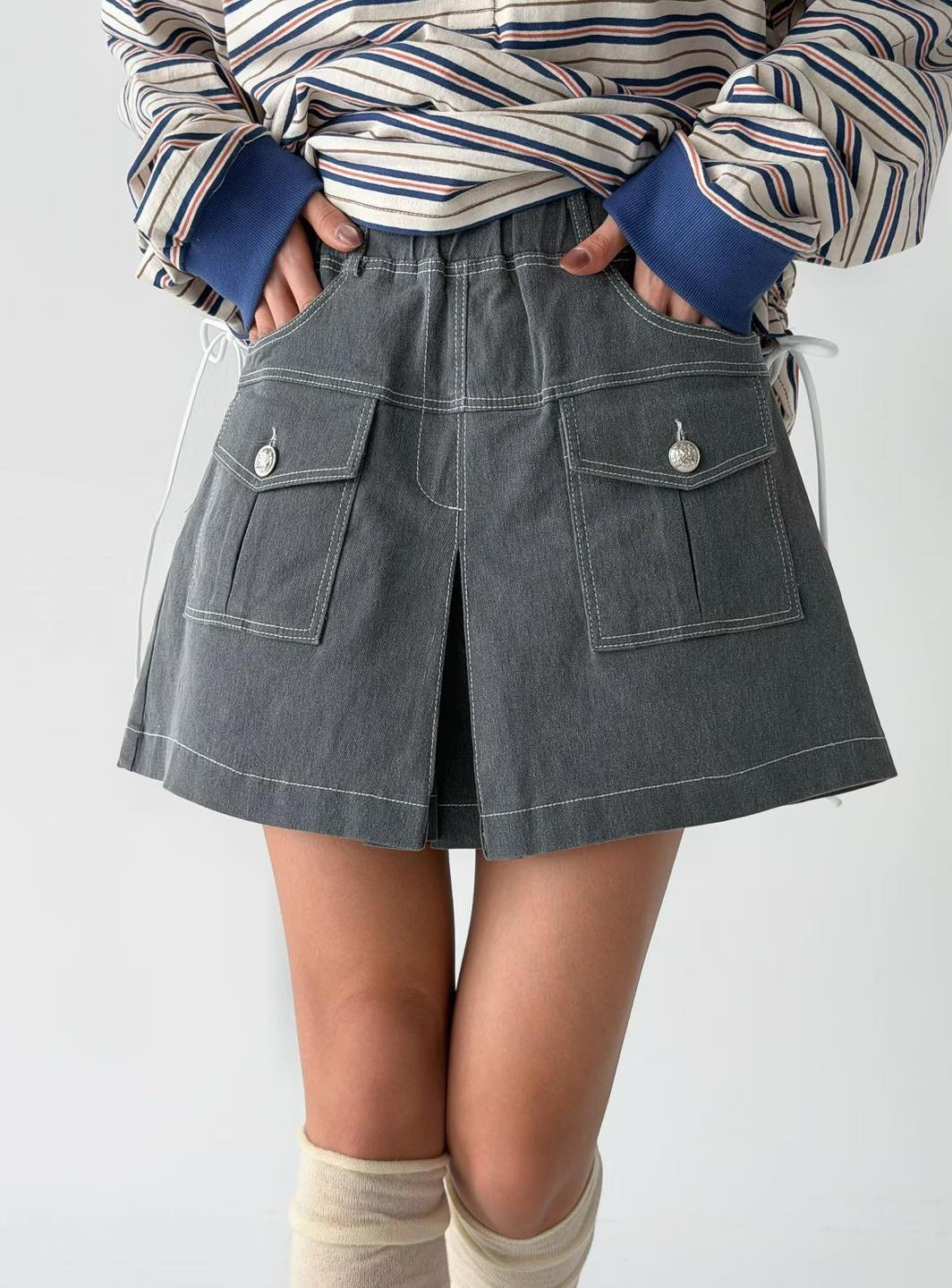 橡筋腰洗水扯布裙褲