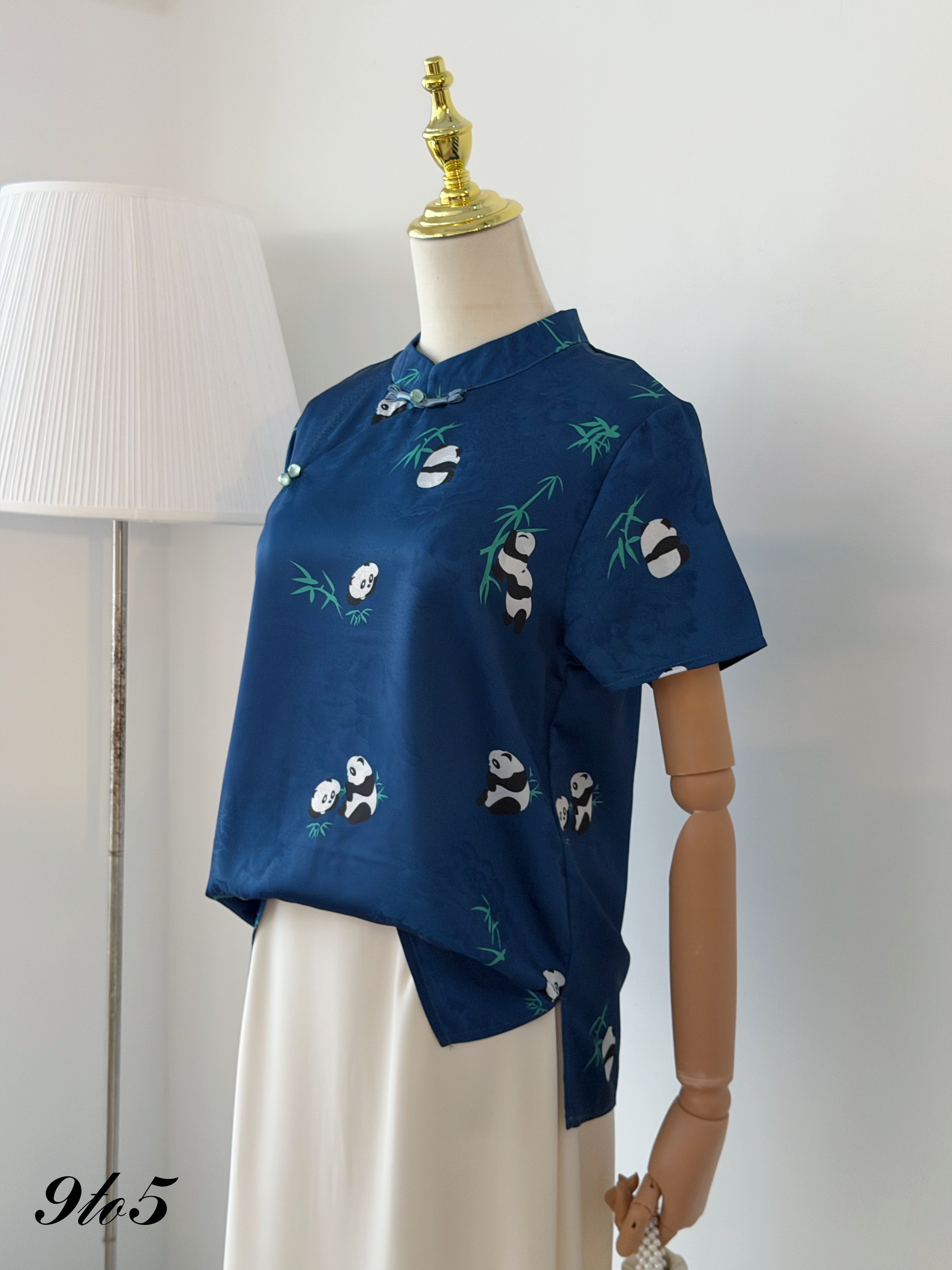 T4488 Short Sleeve Panda Cheongsam Top - Blue