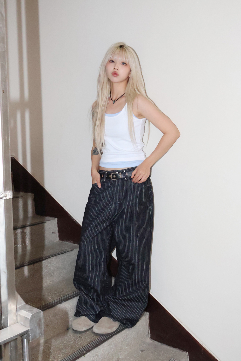 Studded Stripe Wide Denim Pants