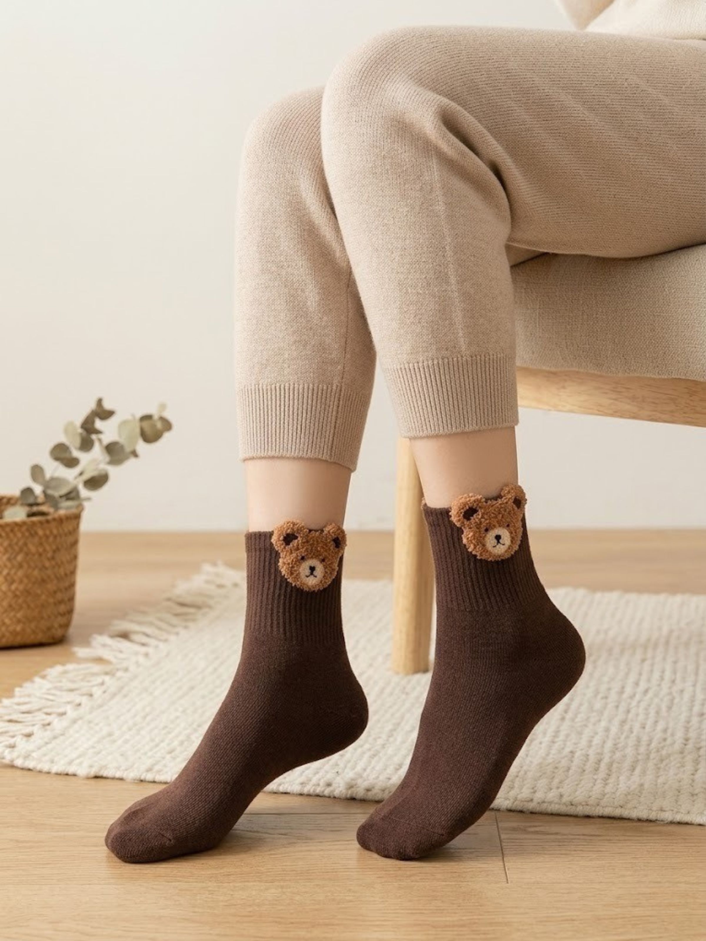 Korean Brown Bear Head Ear Calf Women Mid Crew Socks