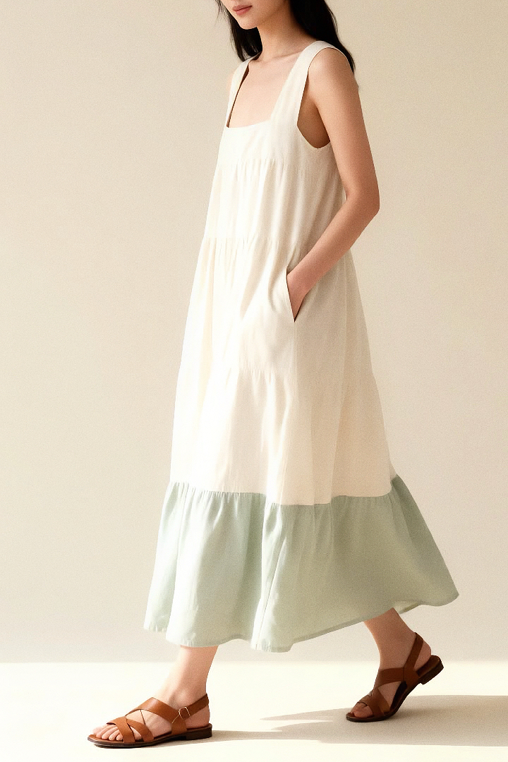 日系棉麻拼接娃娃裙 