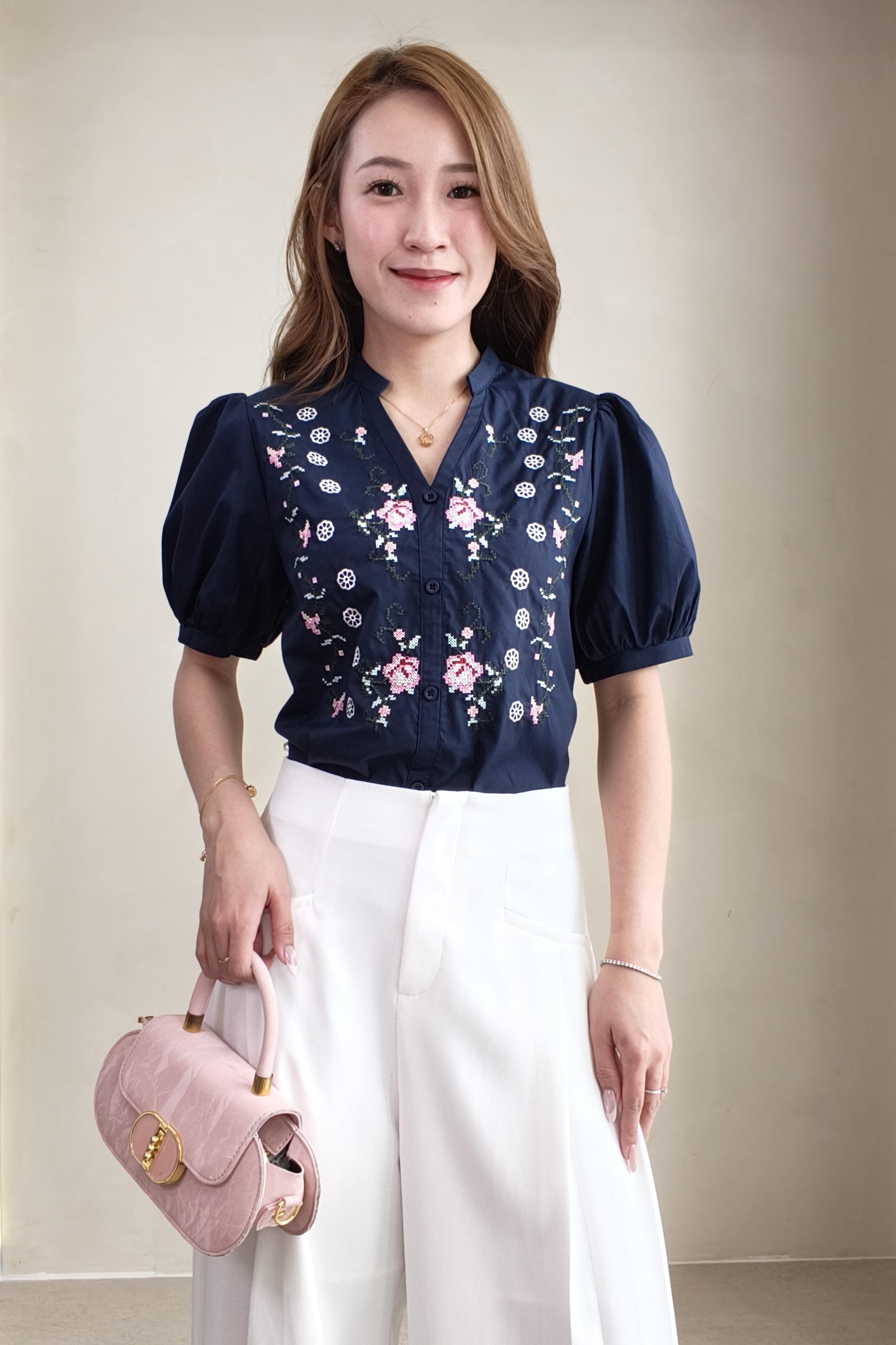 26029 Embroidered Puff Sleeve Blouse