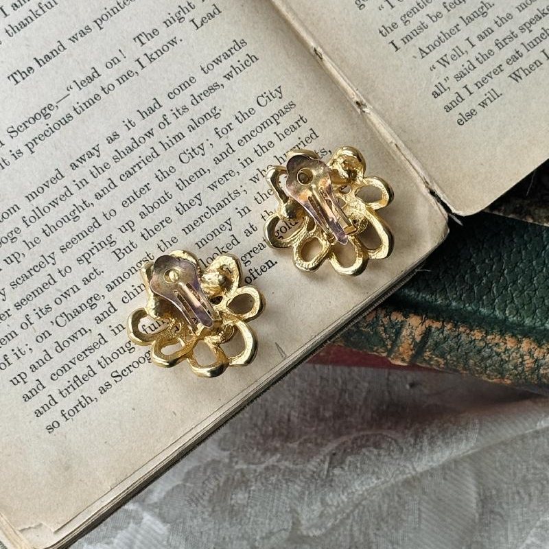 1980s Golden Abstract Pattern Faux Pearl Statement Clip Earrings(MT2538)