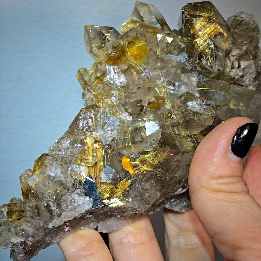 High-grade golden starburst rutiles on black hematite in quartz - RT1434