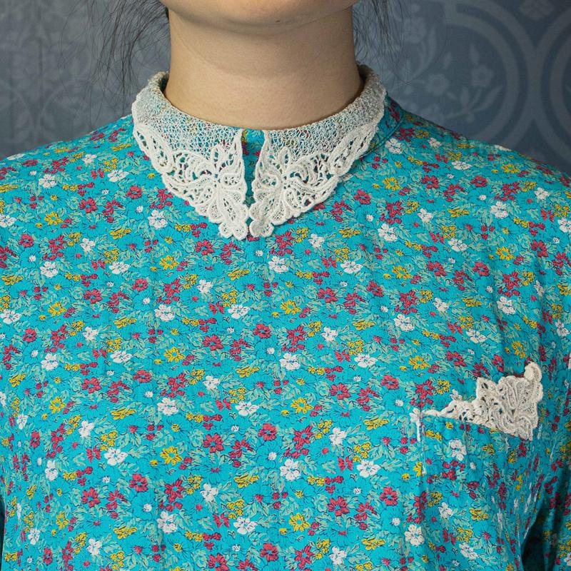 C.a. 1980s Karin Stevens Scattered Floral Pattern Turquoise Low Waist Dress with low Waist collar - Plus Size(MU103-10)