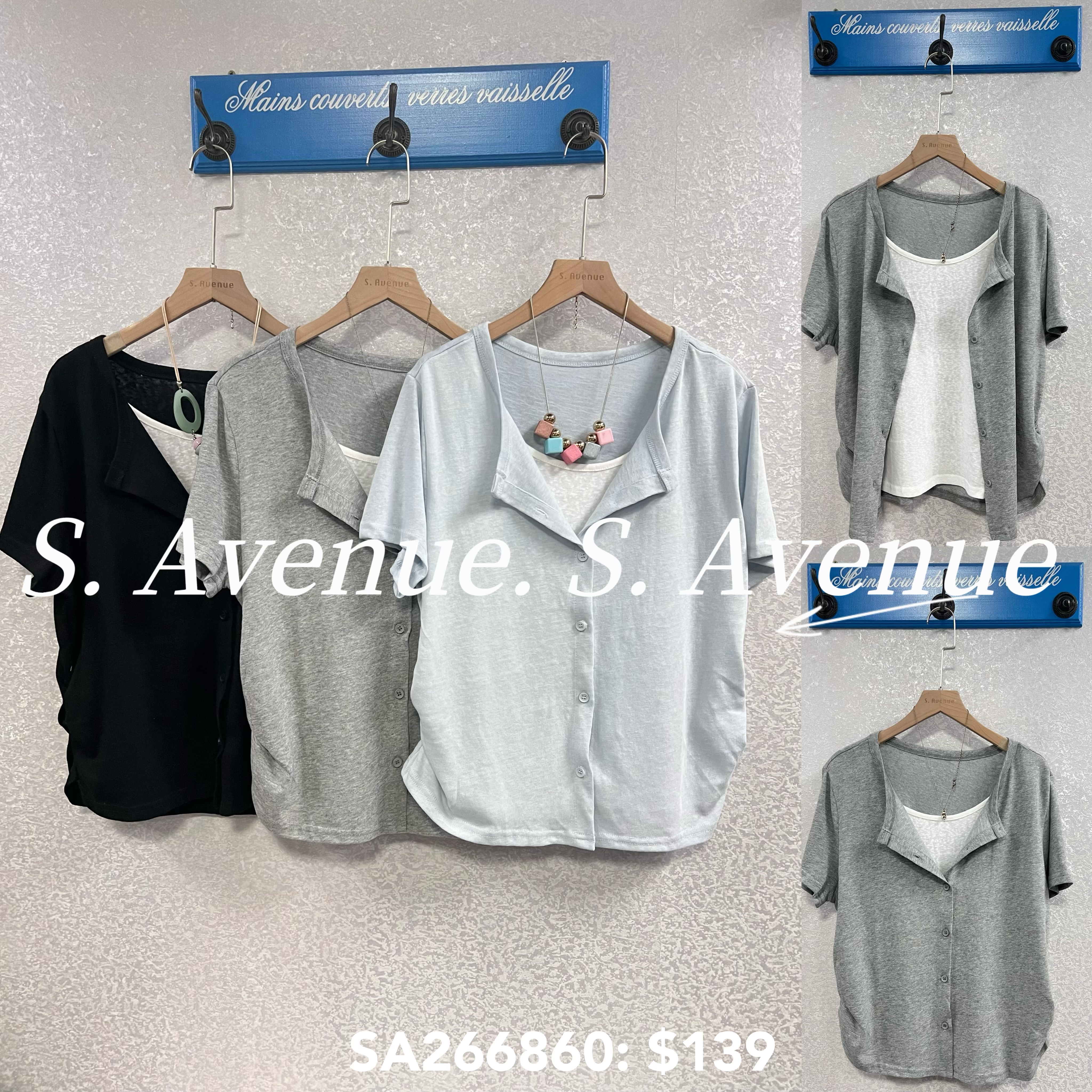 SA266860: 短袖假兩件側束腳有鈕top
