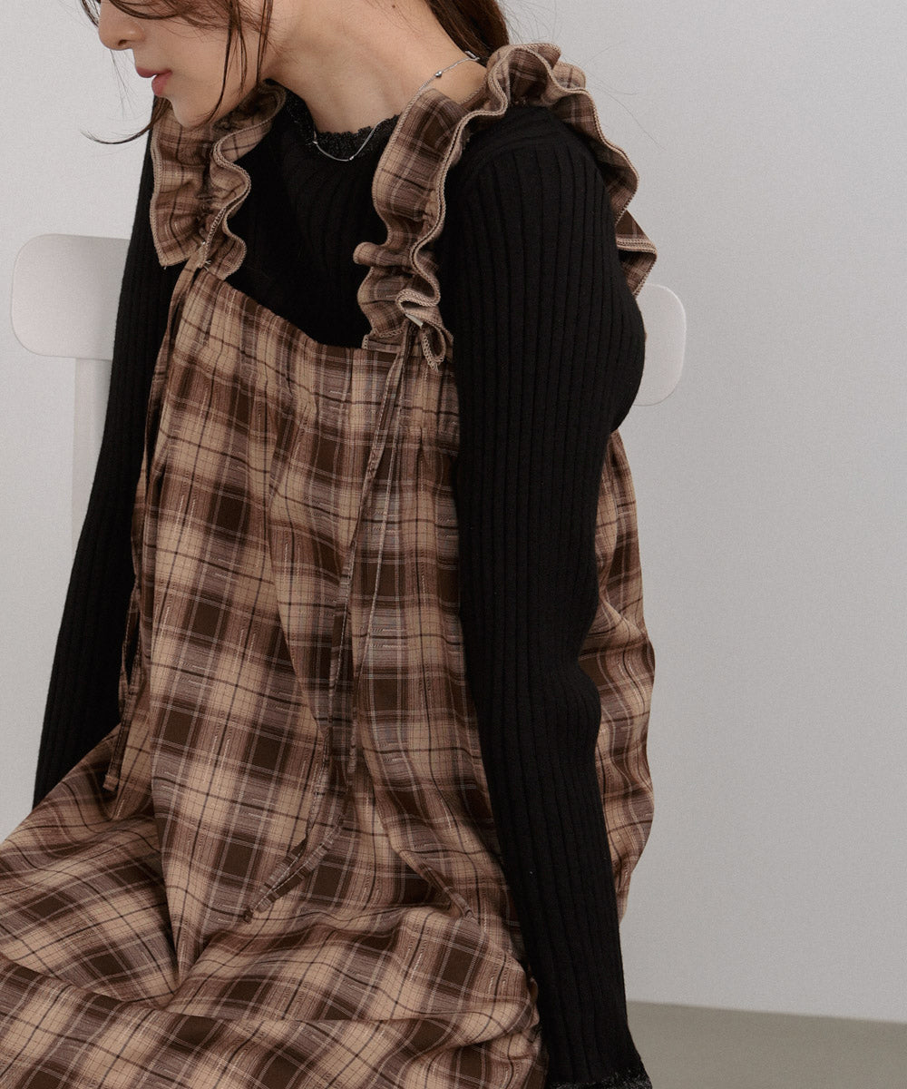 <限量現貨> 木耳邊粗肩束帶格紋OPS - brown 