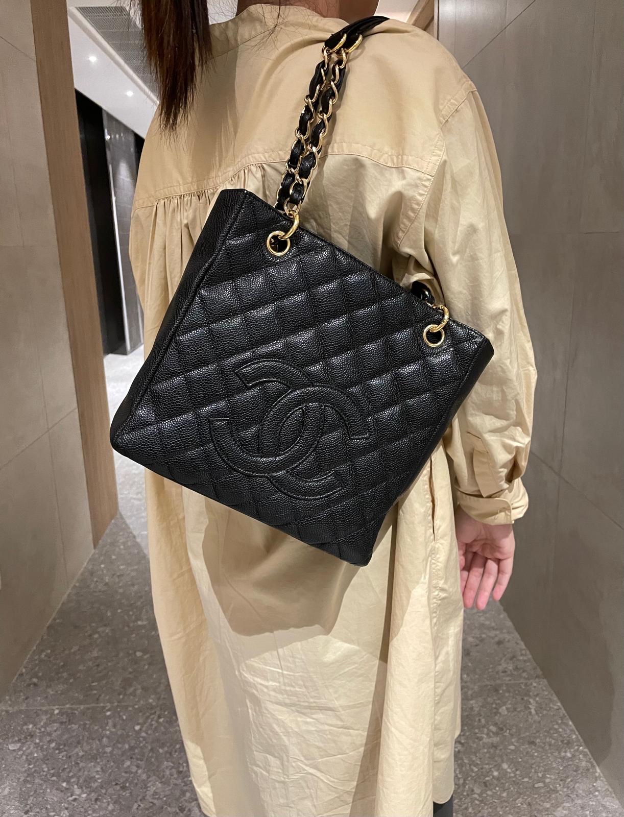 Chanel PST Tote Bag 黑色荔枝牛皮金鏈 100%Authentic, 95%New ✅19Card✅Dust bag