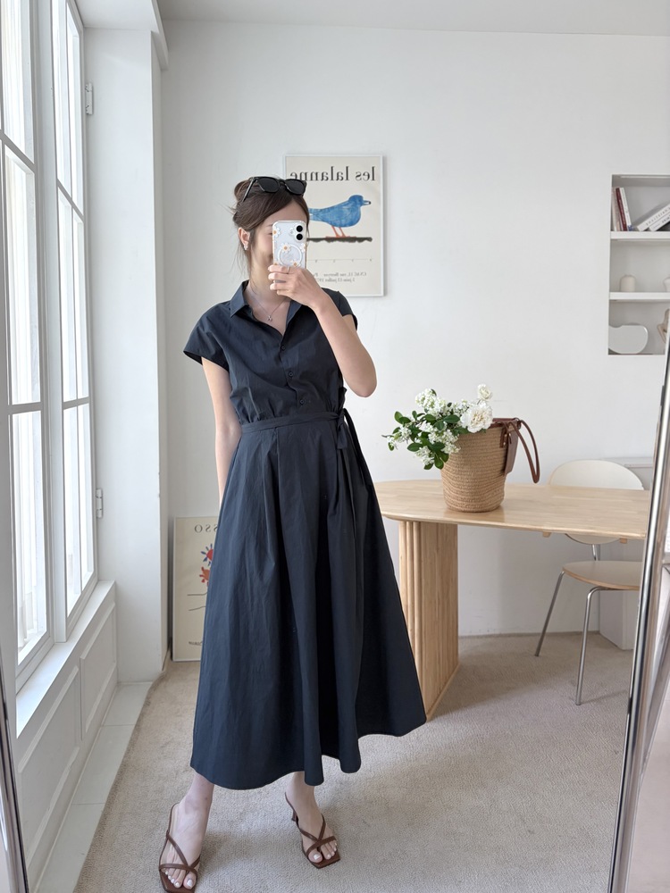 Elasticated Waist Shirt Dress (Navy)
