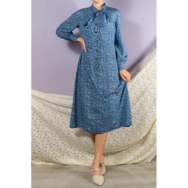 Vintage Japanese Trio-Colour Floral Pattern Tie Collar Day Dress (MT1608-129)