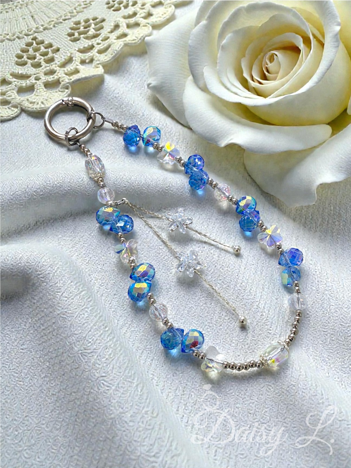 花朵吊飾藍色水晶手機掛繩