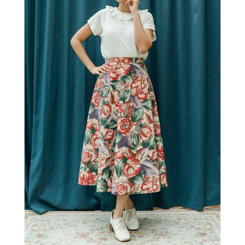 C.a.2000 Designed in Japan Artistic Rose Print Waist Tea Length Swing Skirt - 26"（MT1606-03）