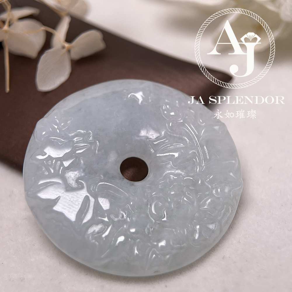 JN-938 天然翡翠A玉 特色白翡牡丹花開富貴平安扣