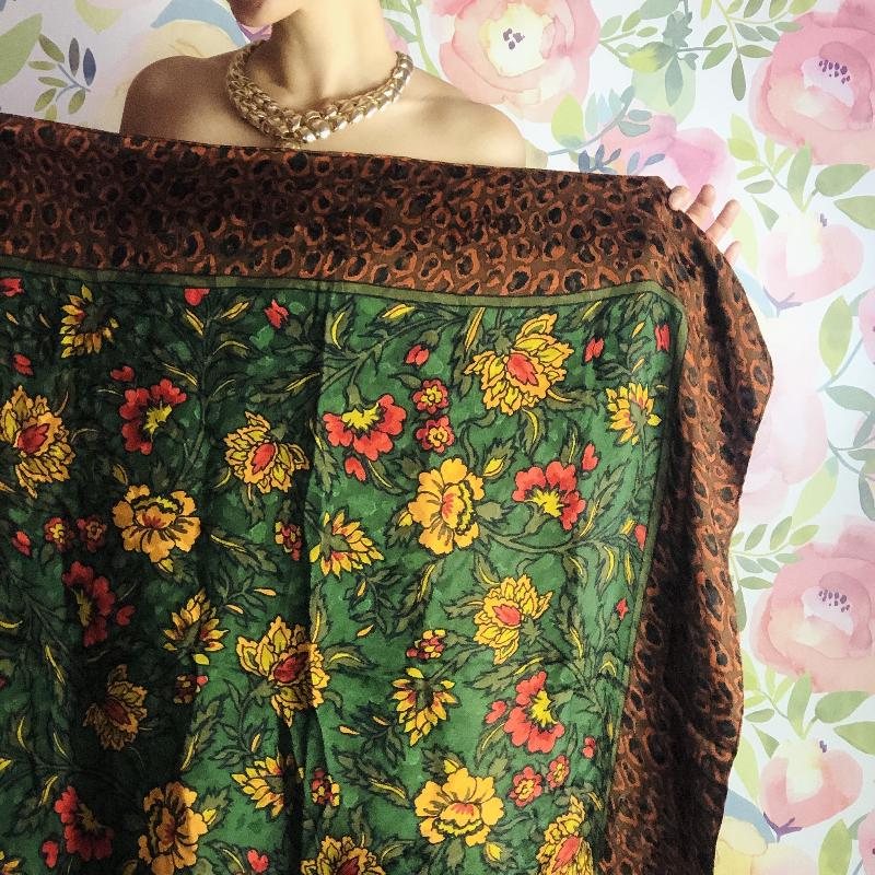 Vintage Givenchy Leopard Pattern and Floral Hand Rolled Edge Silk Scarf - 34" (MT1623-2)