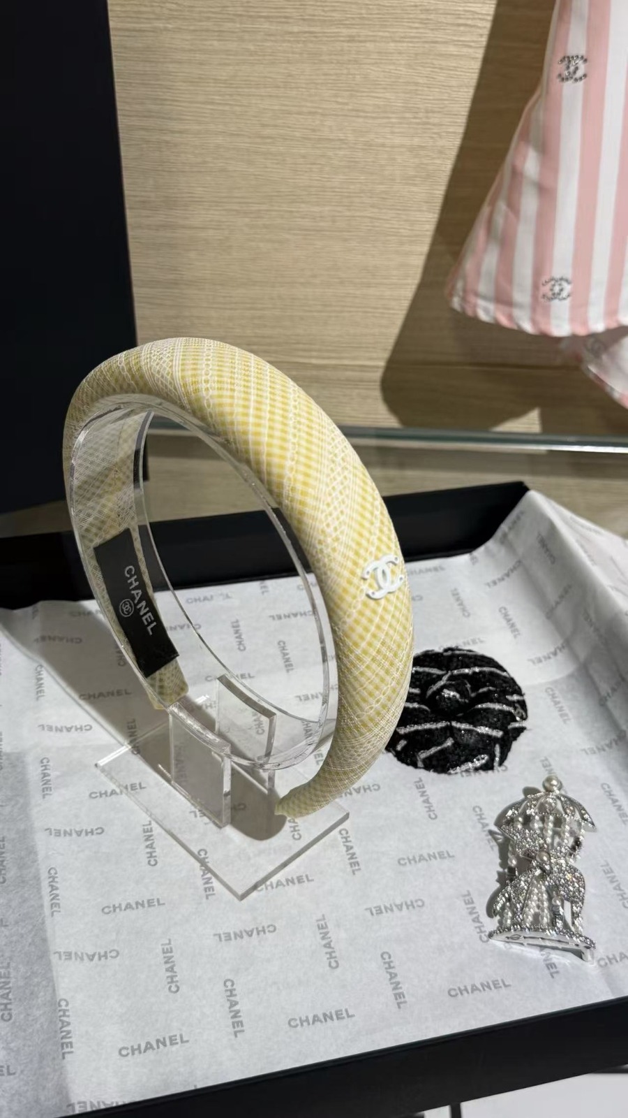 【原單】CHANEL 布藝蕾絲格紋發箍 連禮盒