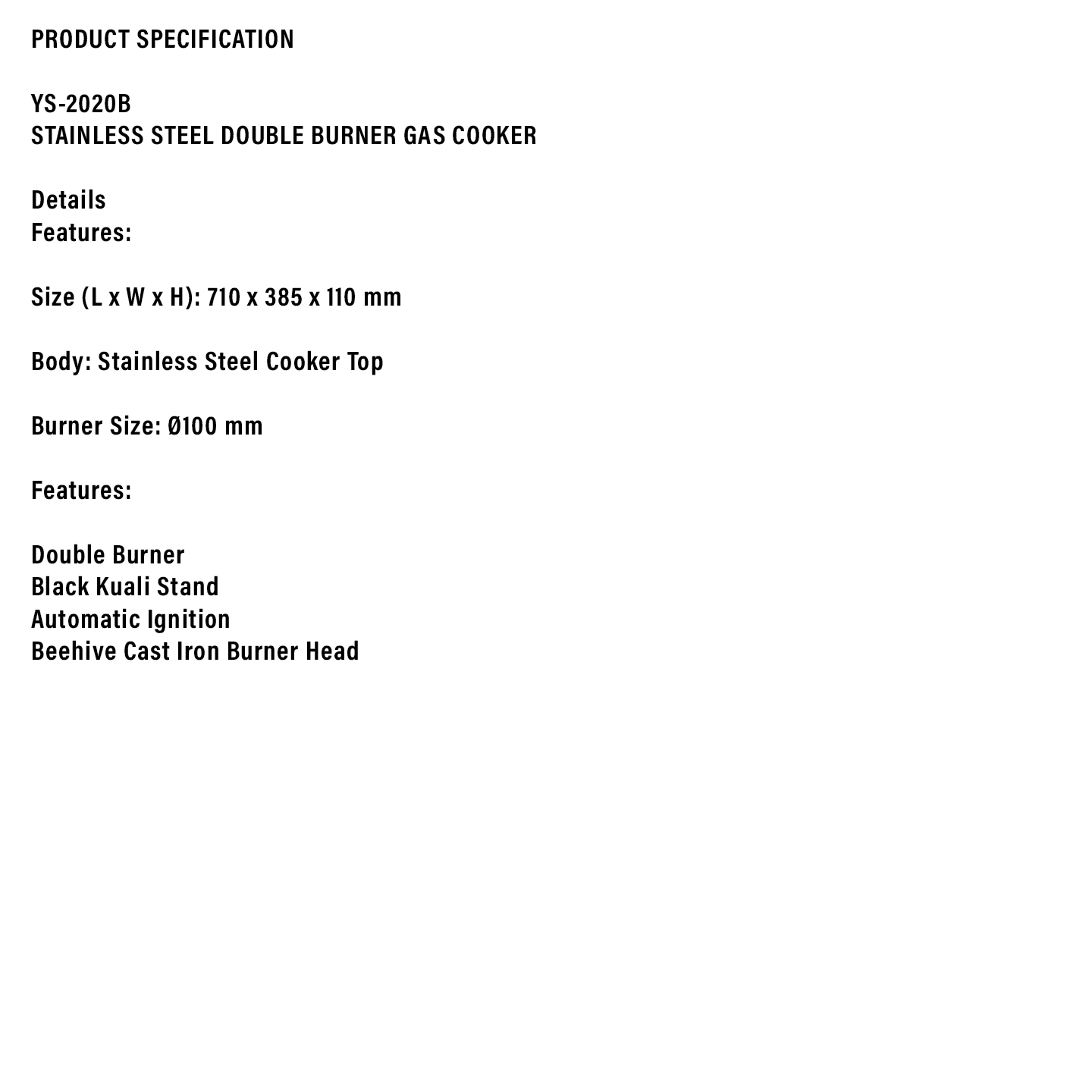 Milux 3.1kW Stainless Steel Double Burner Gas Cooker (YS-2020B)