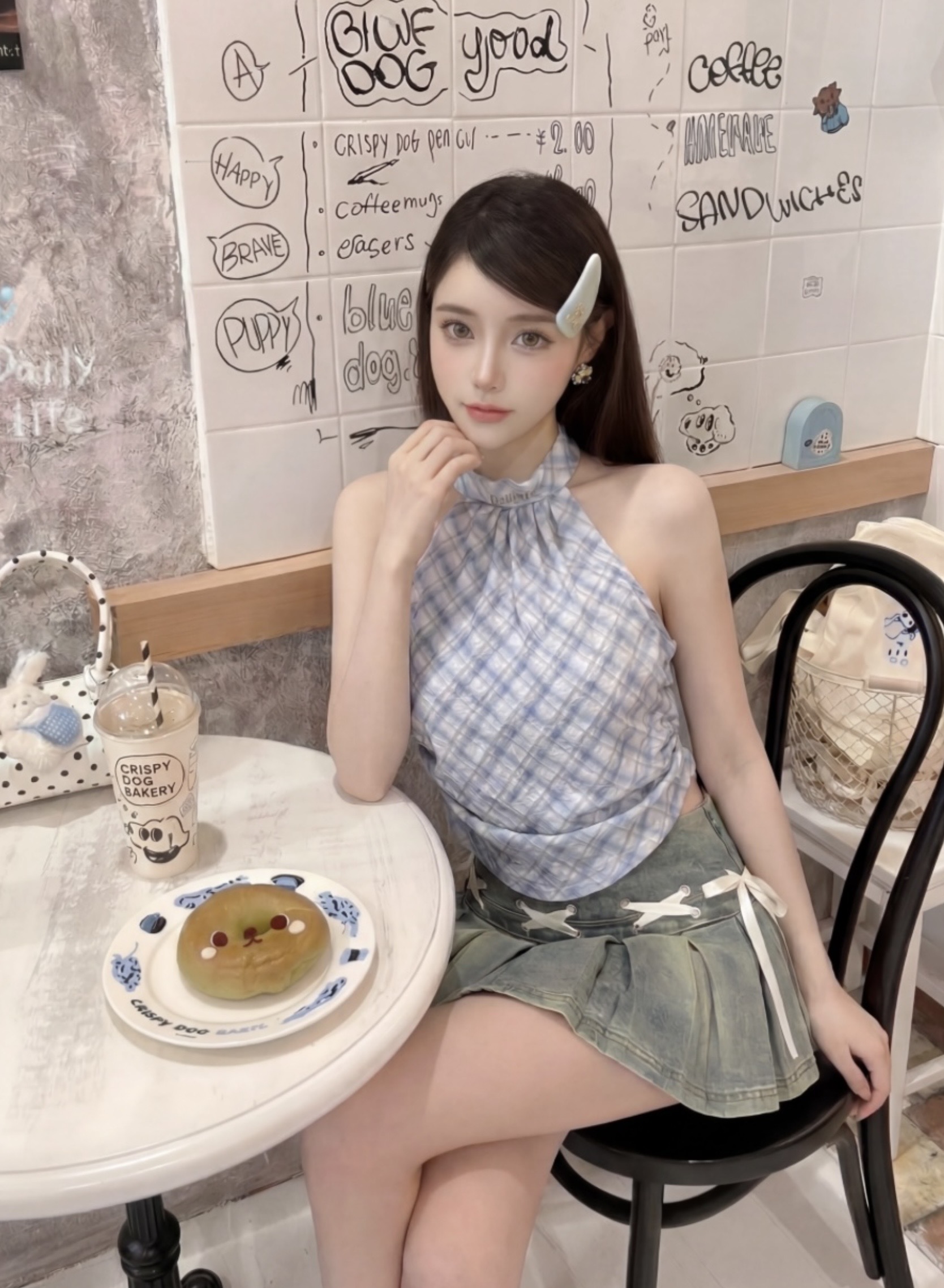 格纹拼接挂脖背心 Plaid Patchwork Halter Top