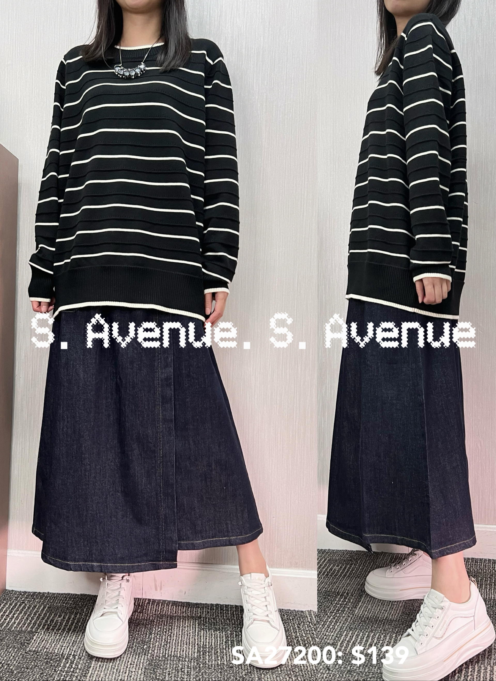 SA27200: 長袖撞色白邊領長身間條top