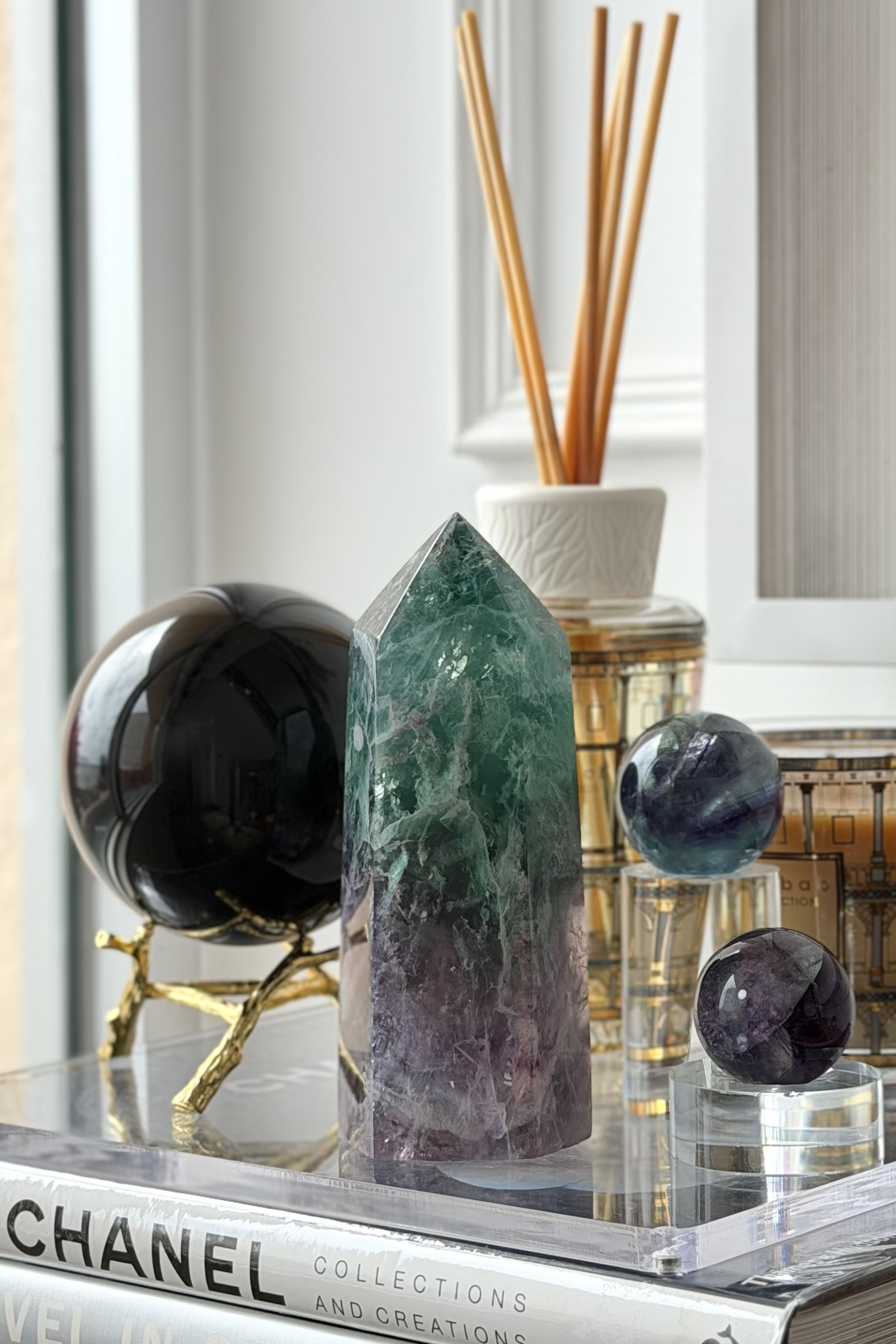 ༒15cm綠紫螢石六角柱༒  FL031C22MGN18-RB5*6fm