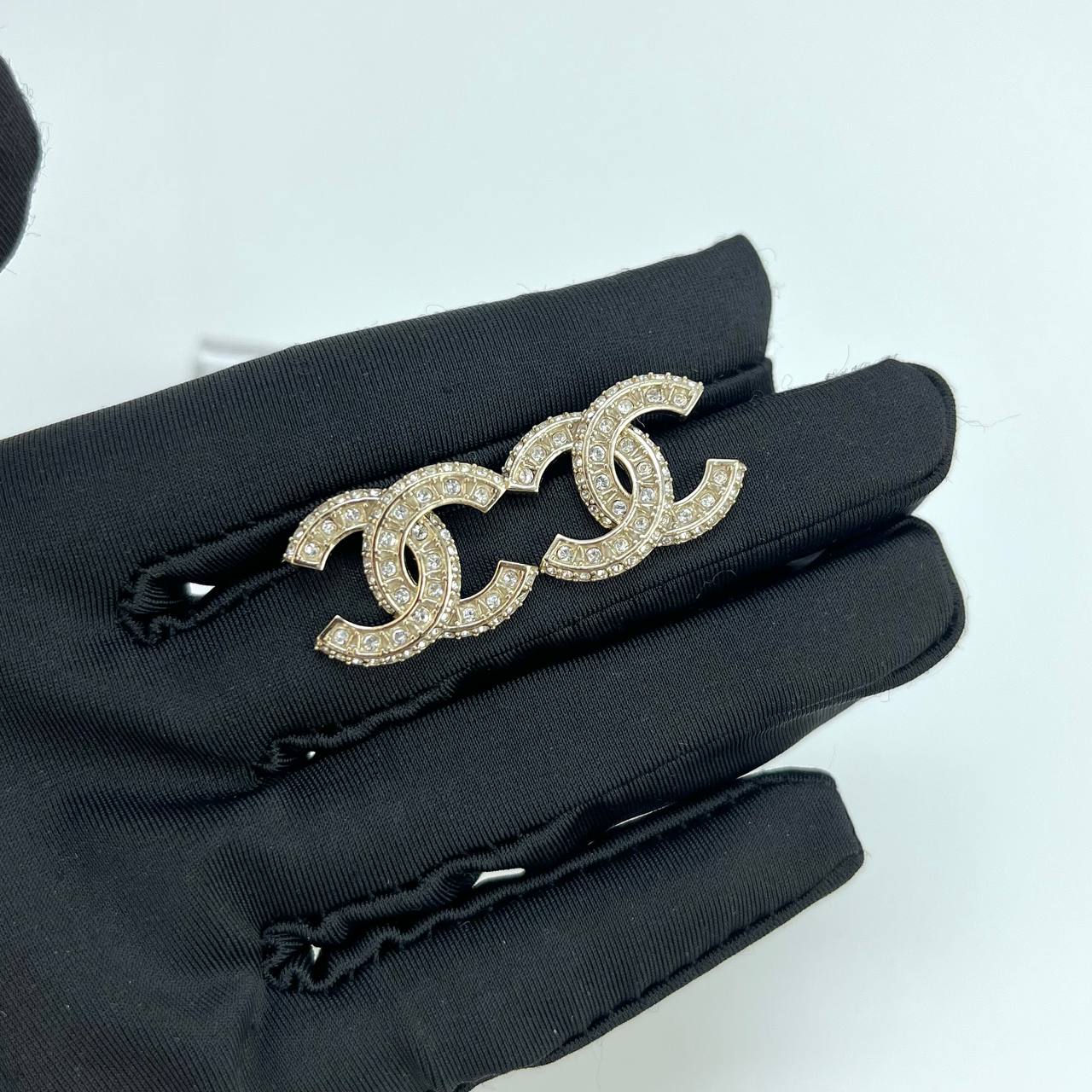 Chanel Champagne Gold CC Stud Crystals Earrings 