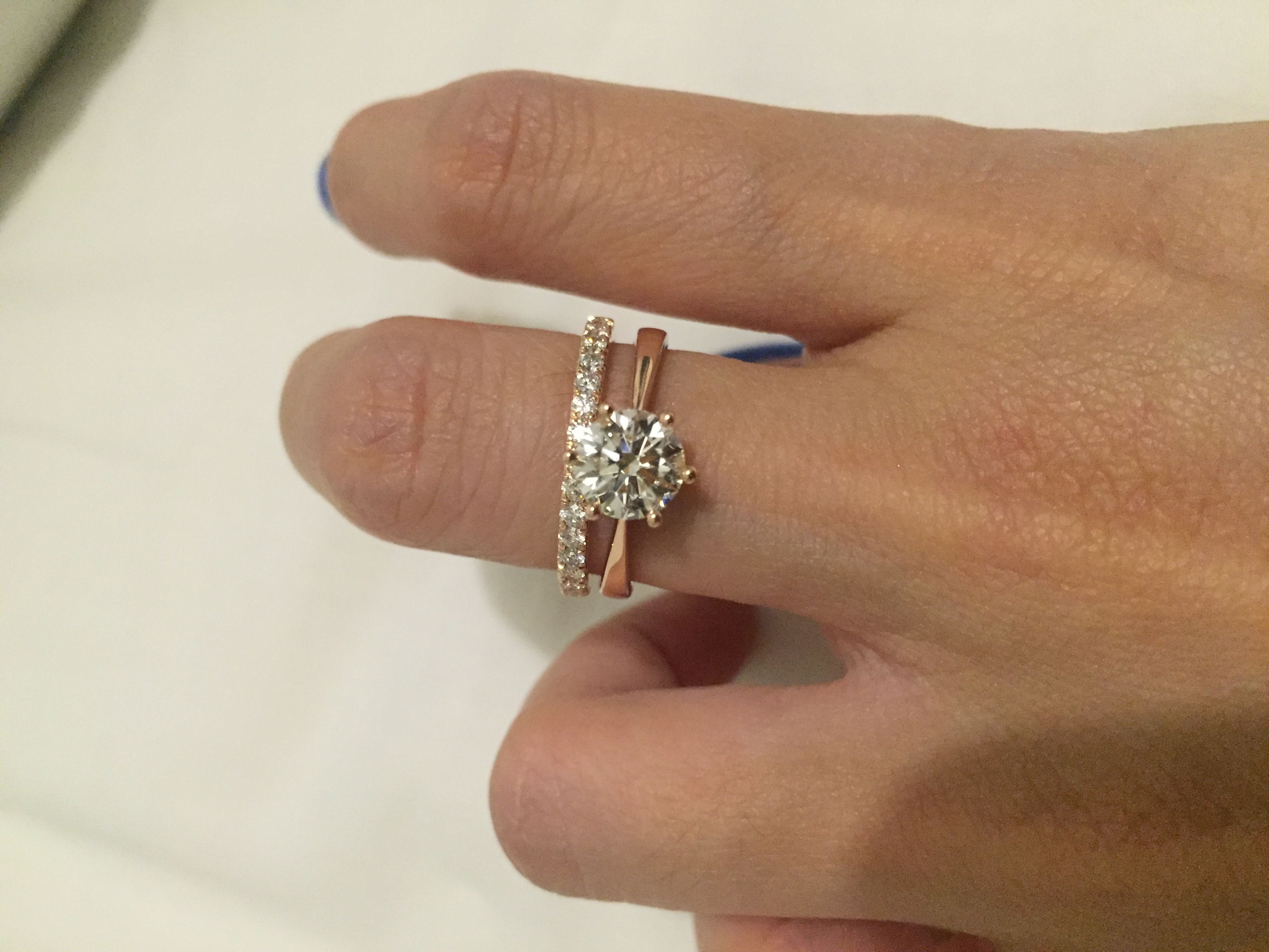 Rose gold diamond engagement ring and wedding band set