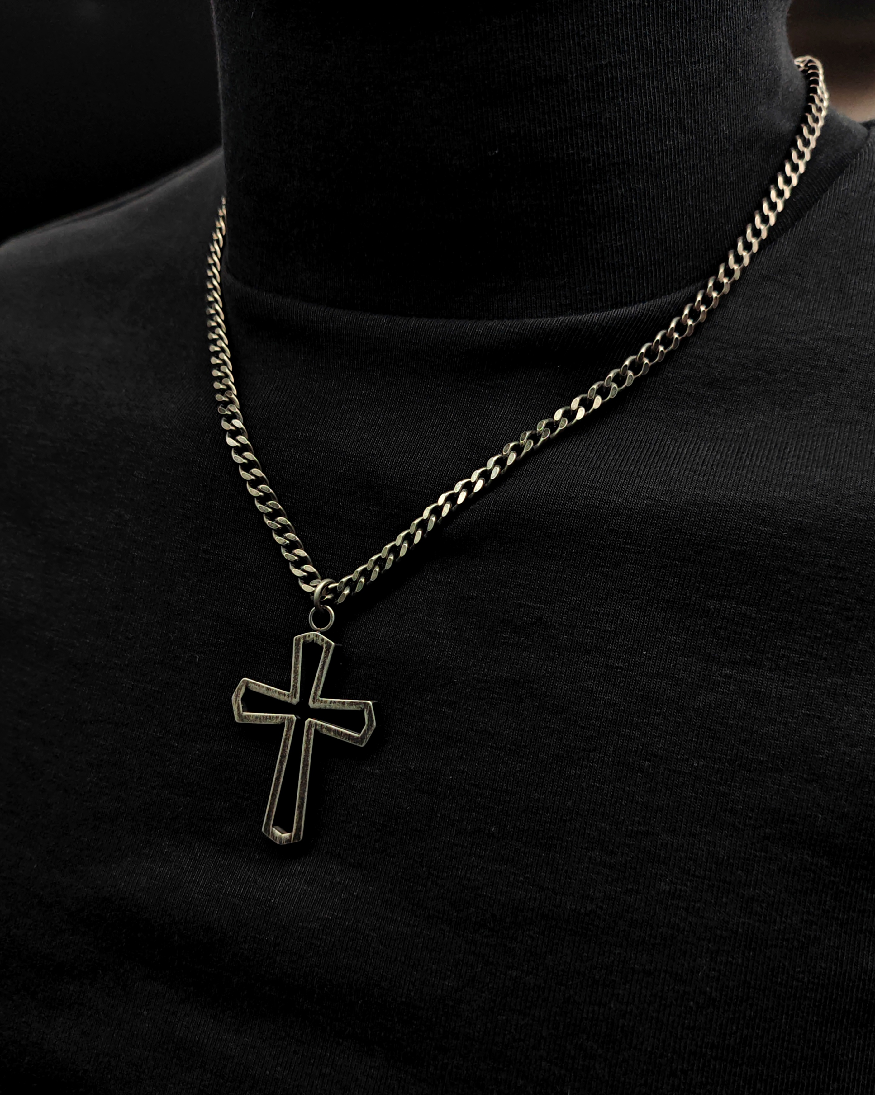 不銹鋼復古銀黑色34mm縷空十字架頸鏈(N864OXD)Stainless Steel Antique Black Silver 34mm Cross Necklace 