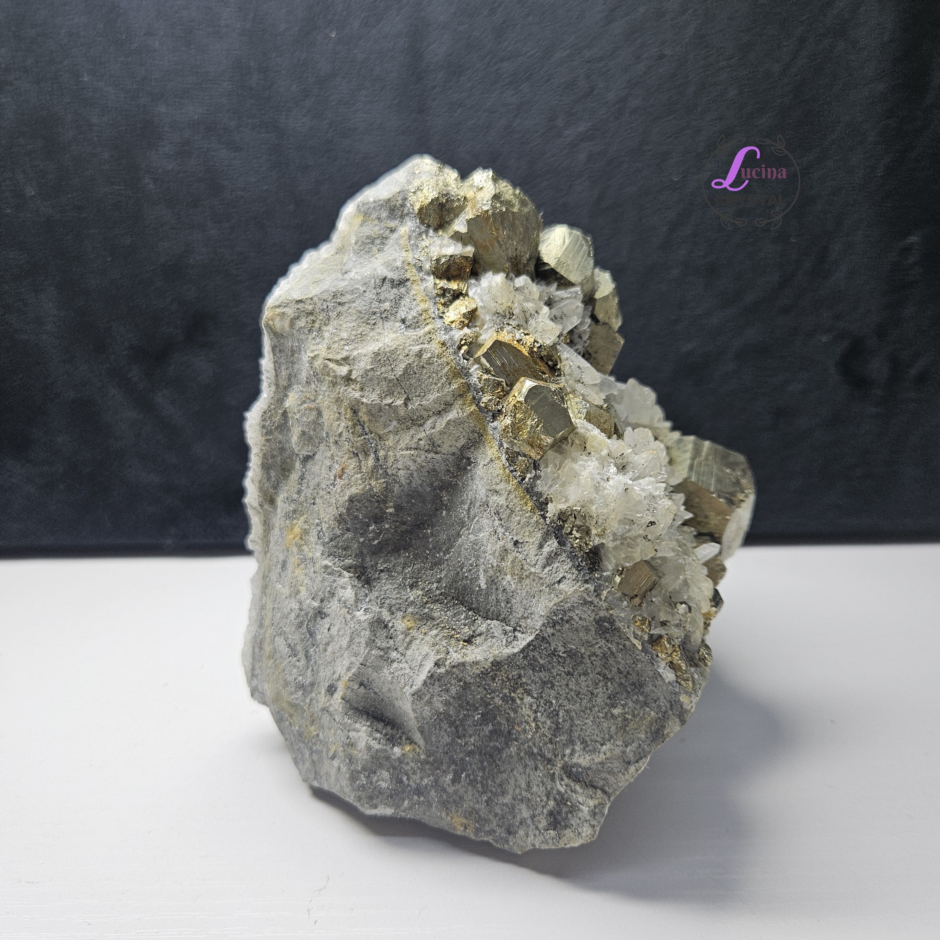 (Co#LC8546)白水晶共生黃鐵礦晶簇/White Quartz Crystal Cluster with 𝘗𝘺𝘳𝘪𝘵𝘦