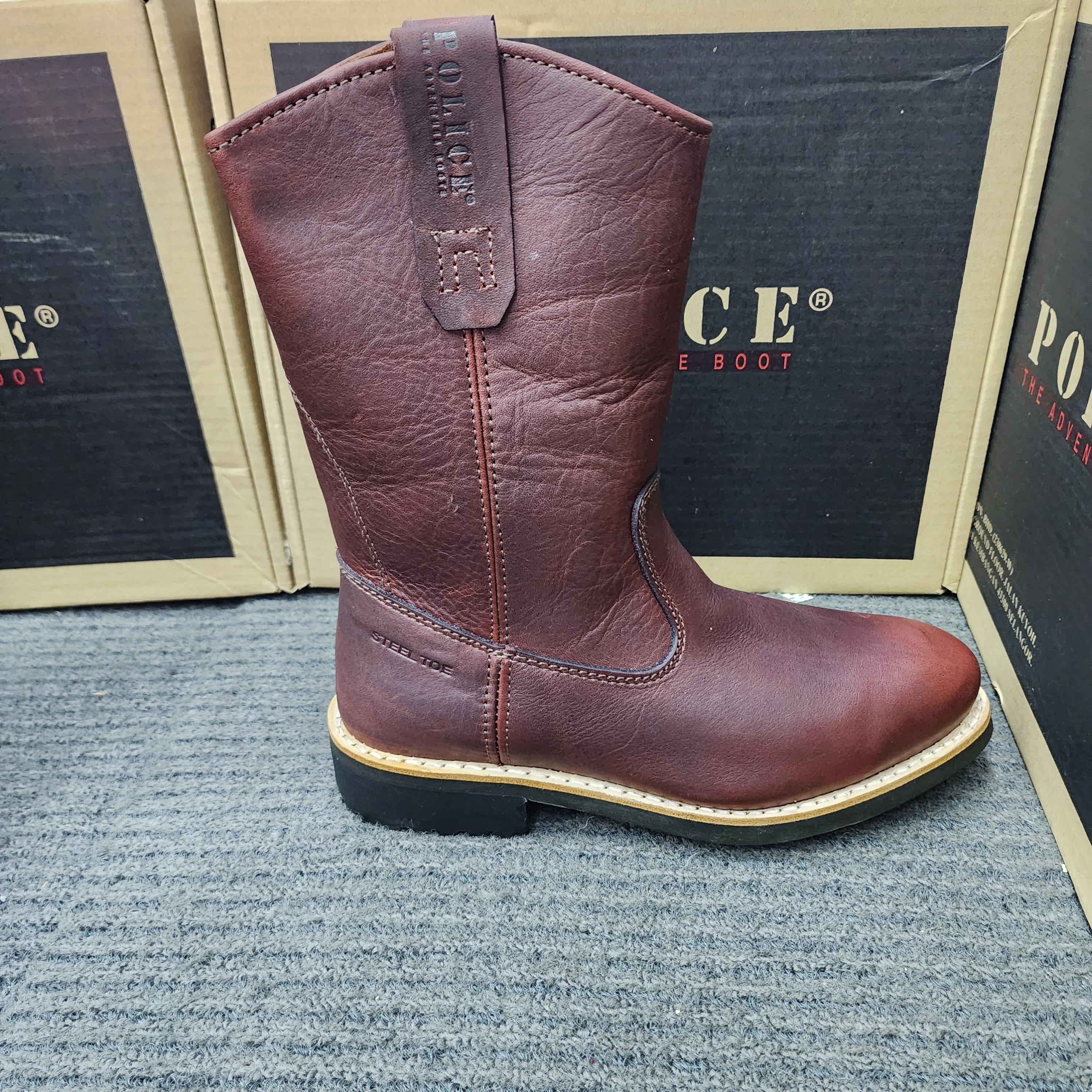 POLICE SAFETY SHOES 91494 HIGH CUT BOOT BROWN MAROUN DARK MAROON LEATHER BOOT CUTTING A TOE CAP SLIM KASUT KESELAMATAN POLIS DENGAN WARNA MAROON GELAP DAN COKLAT SESUAI UNTUK KEGUNAAN KESELAMATAN Keselamatan