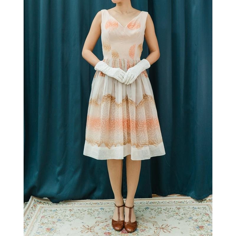 C.a. 1950s Dreamy Leafy Pattern Chiffon Day & Night Fit and Flare Dress (MT1508)