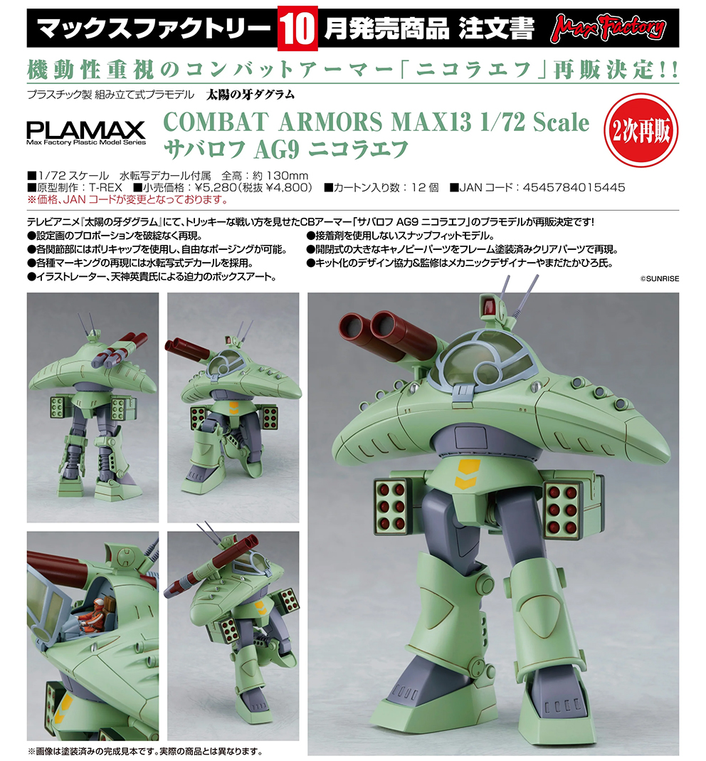 (預訂訂金 $100) (總價 $240) Max Factory PLAMAX 太陽之牙 COMBAT ARMORS MAX13 1/72 Scale Cabarov AG9 Nicholiev 模型 (再版) (行版)