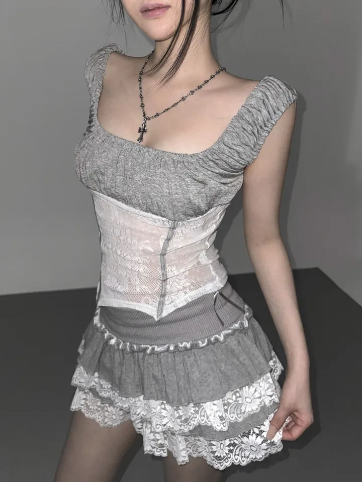 Ruched Sheer Lace Panel Corset Top