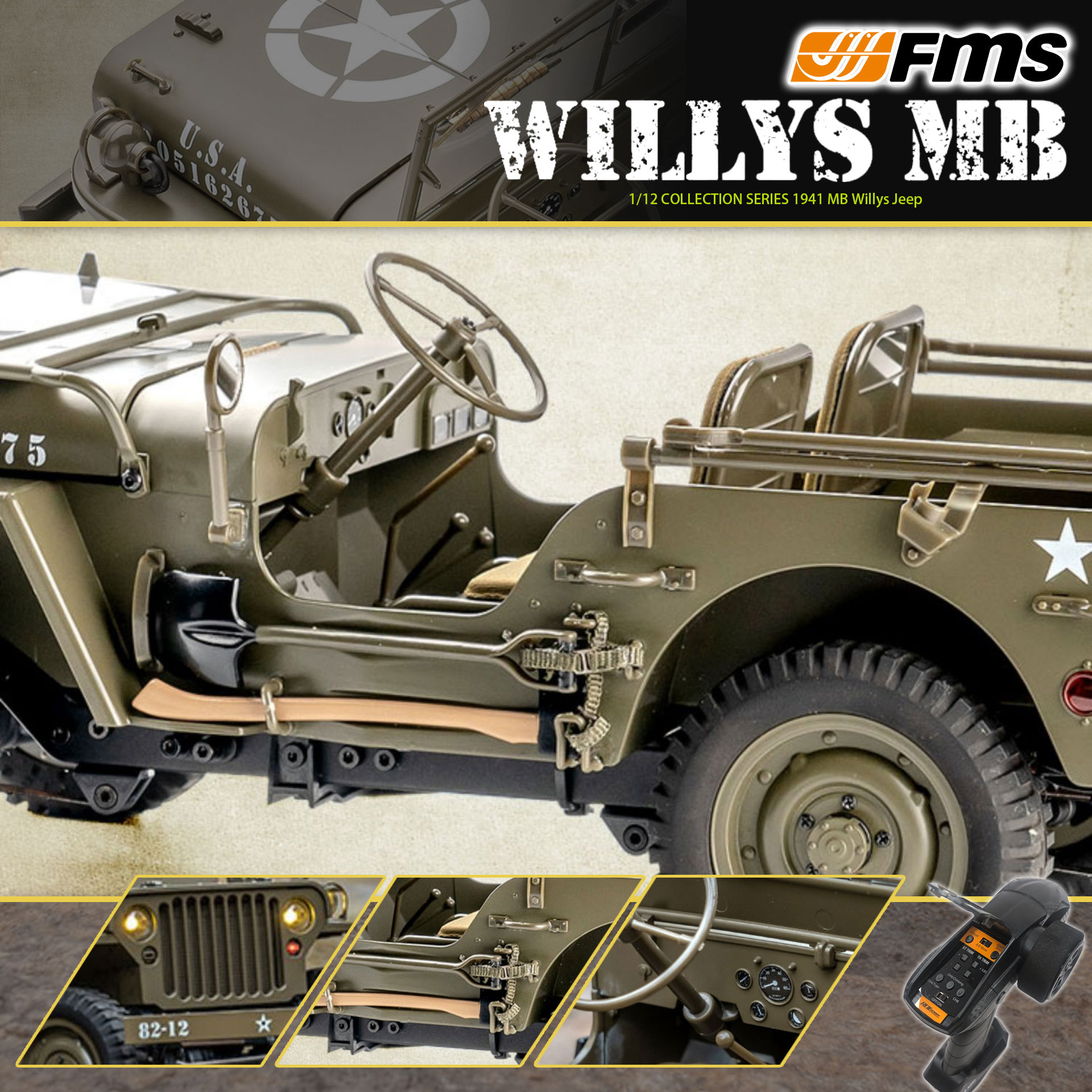 全新 🌟 FMS 🌟 1:12 WILLYS MB 威利斯 軍車 | 2.4Ghz 遙控 | 4輪驅動 | 聯動燈 | 車頭大燈及尾燈 | 迷你慢爬車 | 遙控車 | 像真迷你遙控車