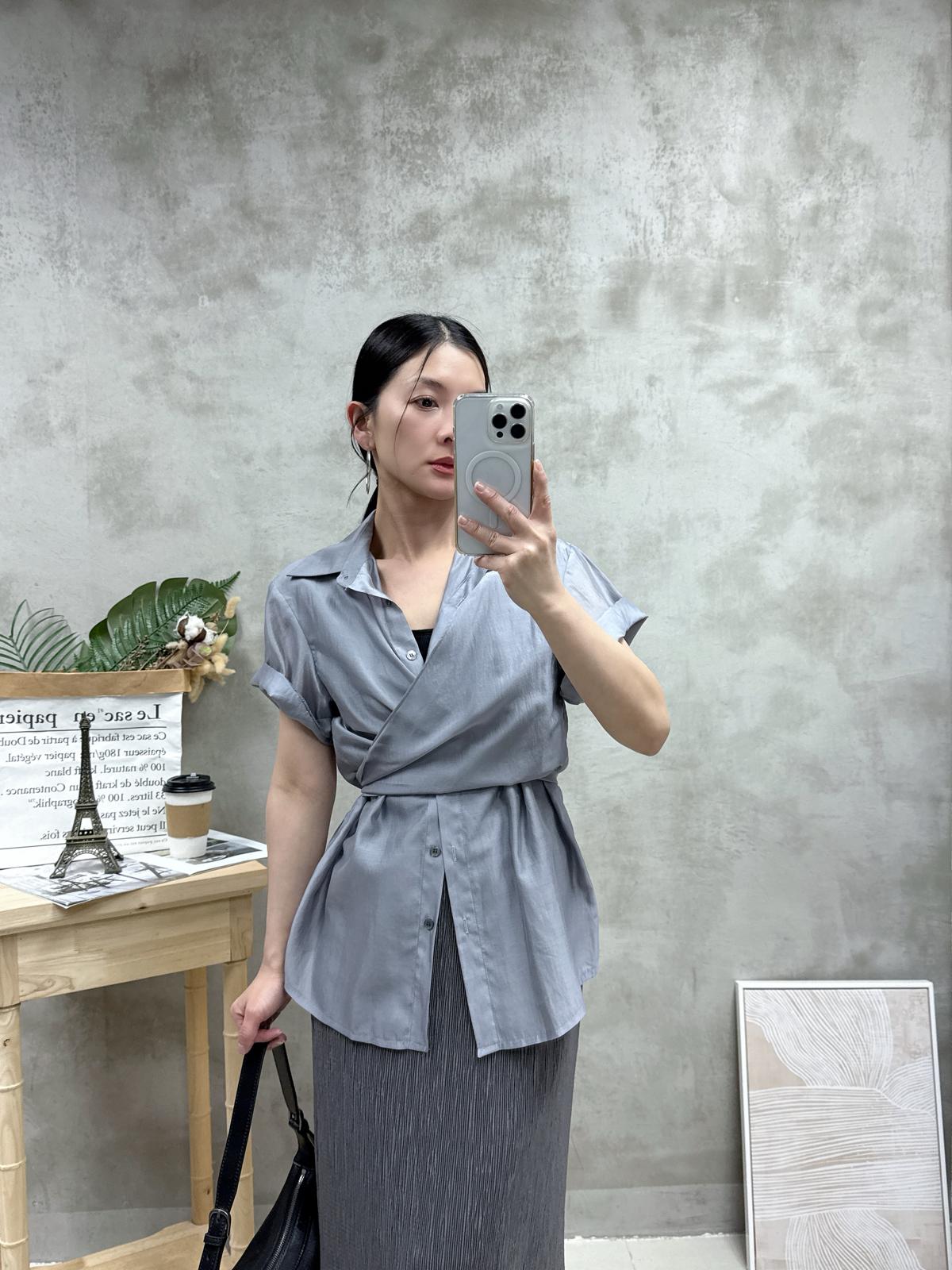 G02 交叉綁腰絲質恤衫