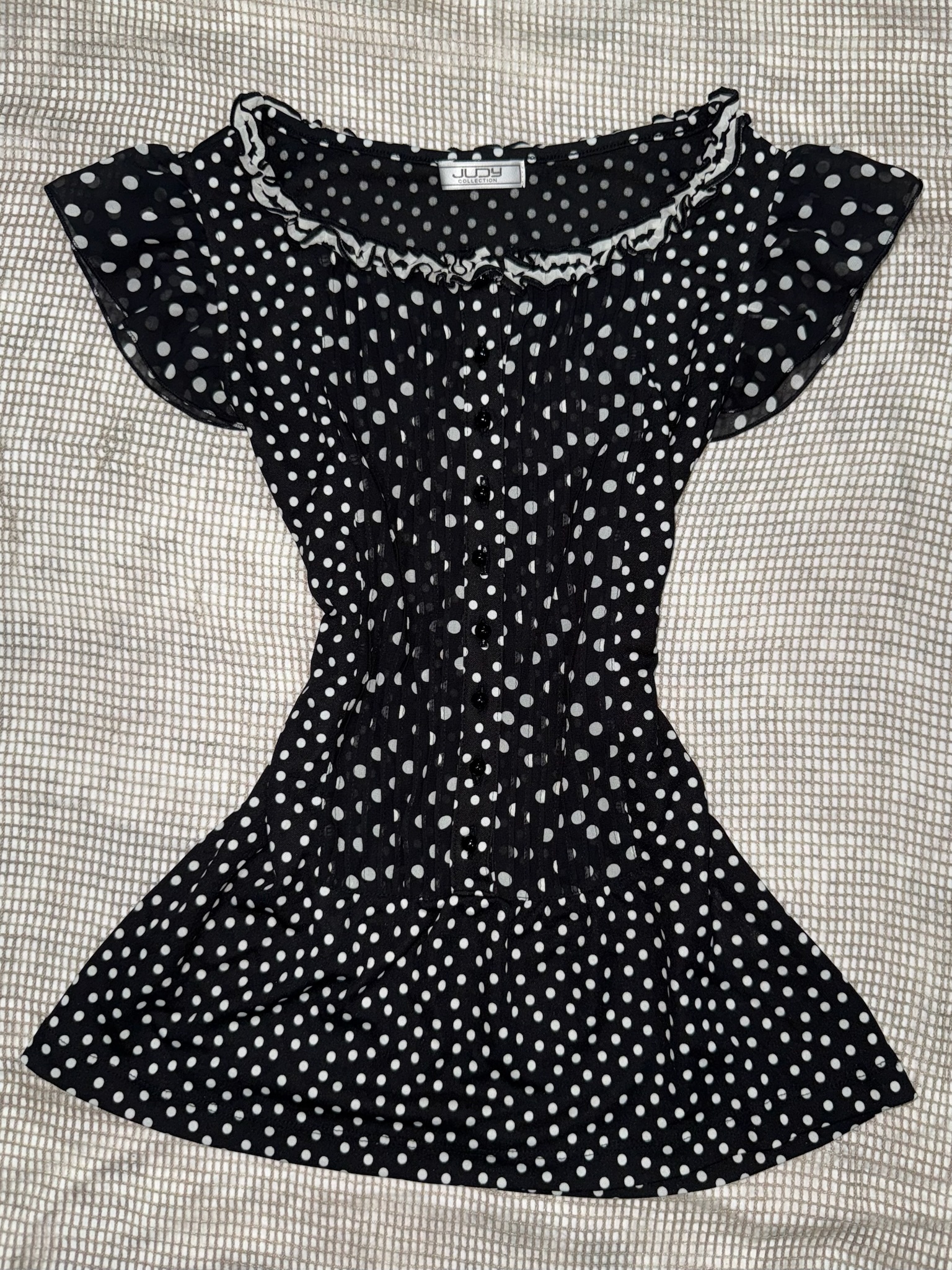 Retro Dot Print Smocked Waist Chiffon Blouse