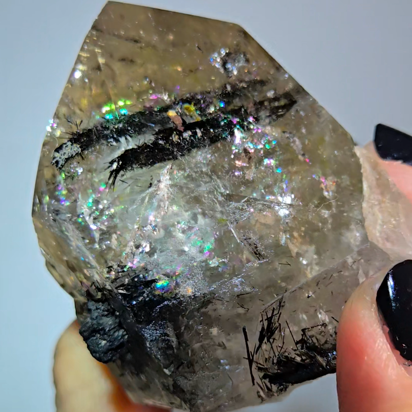 Black tourmaline inclusion smoky quartz with rainbows - RT1457