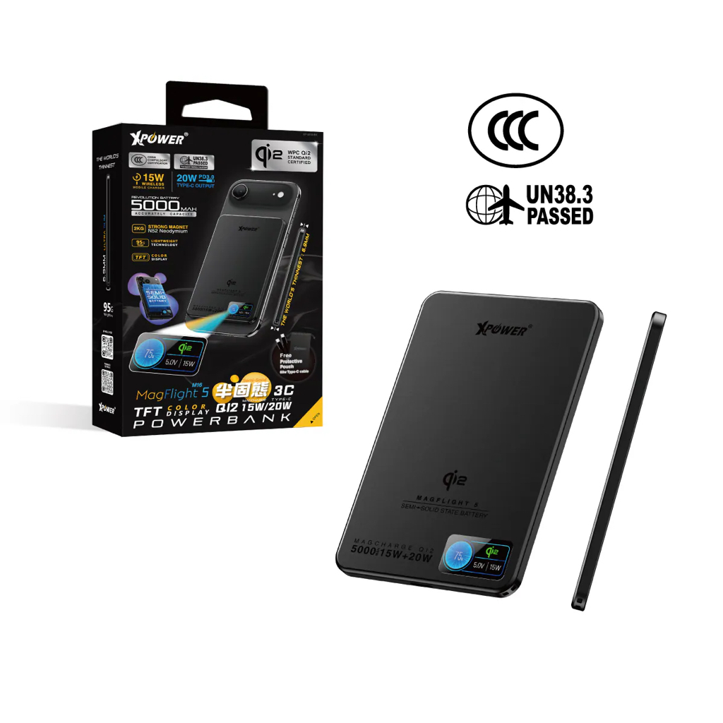 (3C認證) XPower MagFlight5 M16 鋁合金半固態TFT彩屏顯示 QI2 15W/20W 5000mAh 磁吸行動電源