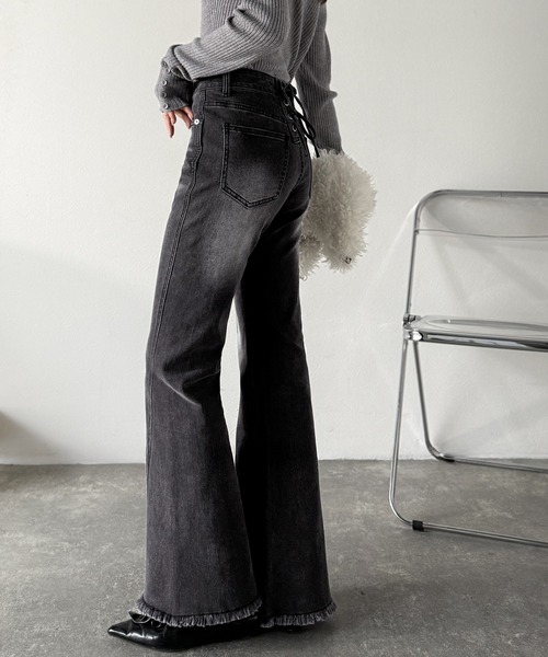 綁帶喇叭高腰牛仔褲【JP010】