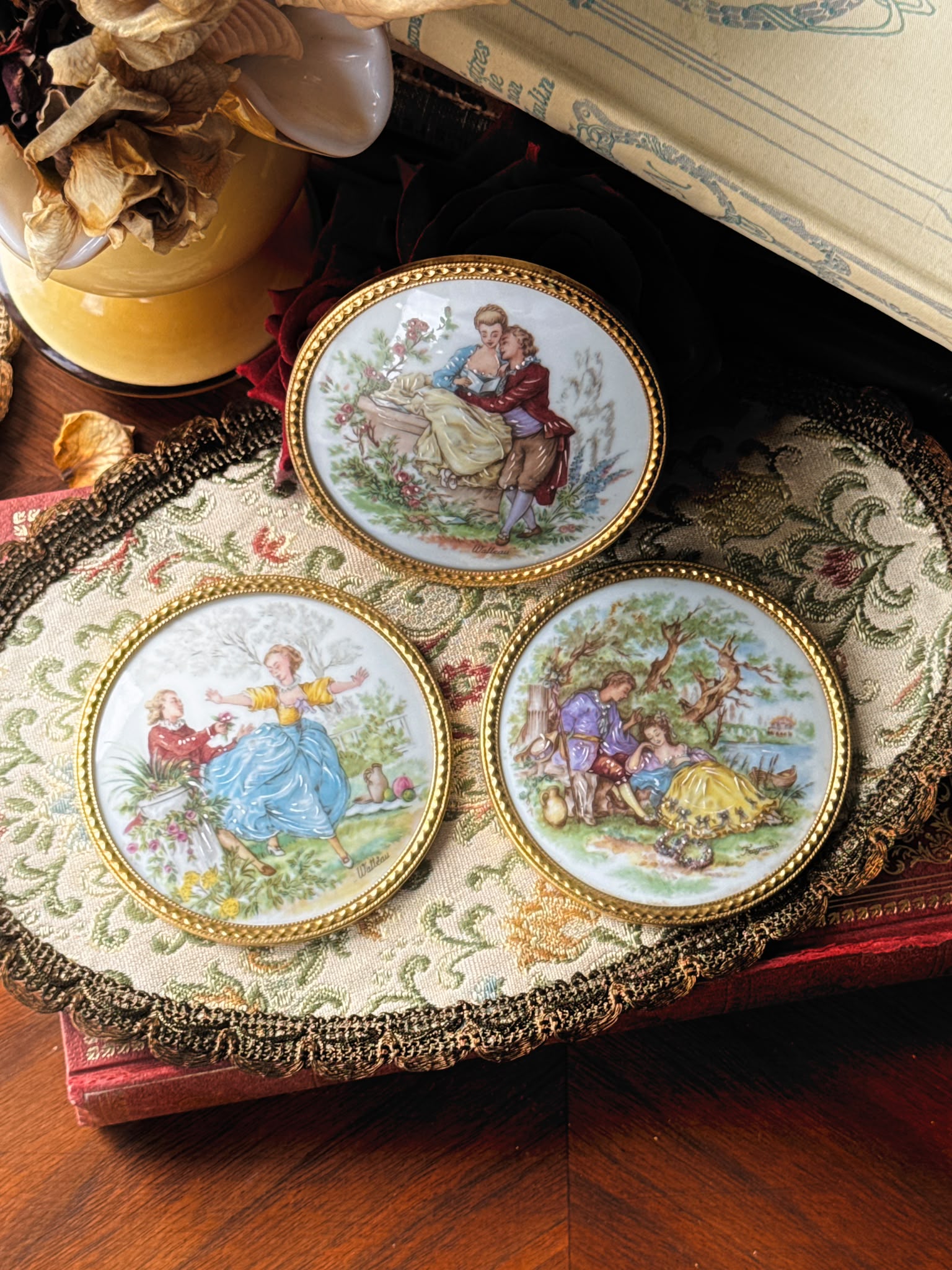 Vintage French Limoges Porcelain Decorative Plaques Rococo courting scenes Gilt metal frames - Set of 3 (MT2632)