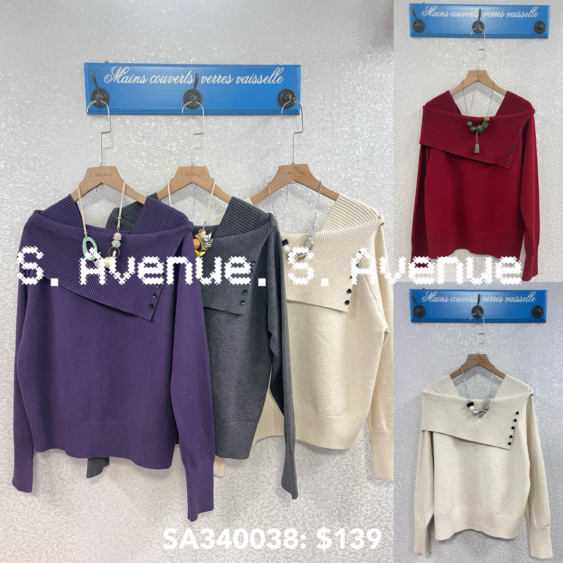 SA340038: 長袖大反領裝飾鈕軟冷top