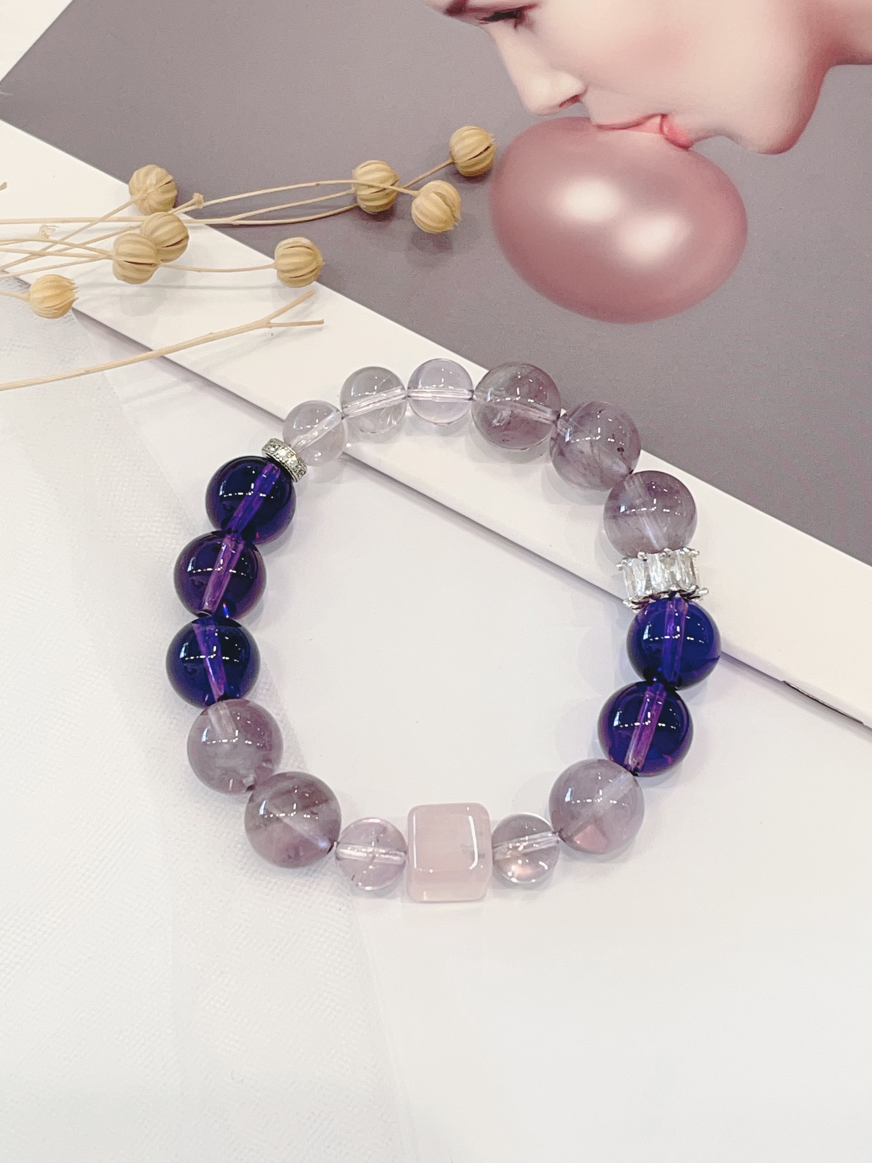 💜 渐层感 紫水晶 × 方糖粉水晶手串 Amethyst & Rose Quartz Cube