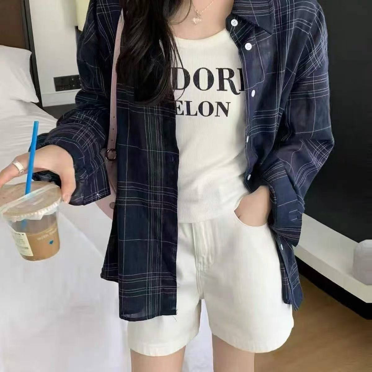 薄格紋恤+背心set