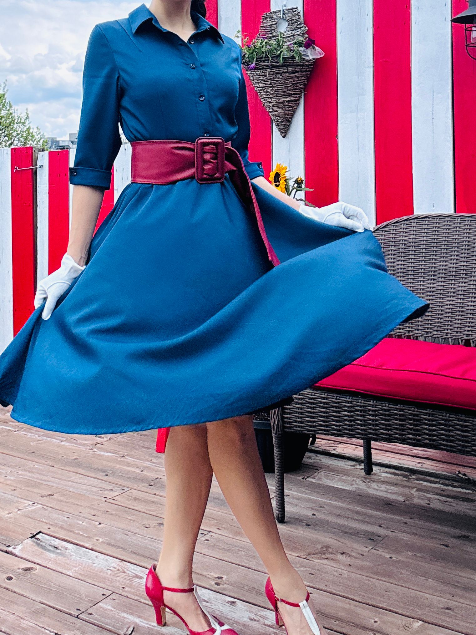 (Custom-Made) Midnight Heirloom Shirtdress with Vintage Buttons and Belt (FM237)