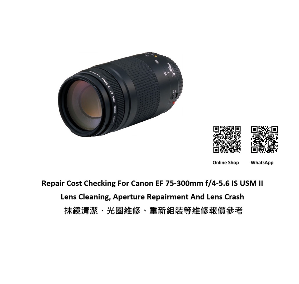 Repair Cost Checking For Canon EF 75-300mm f/4-5.6 IS USM II Lens Cleaning, Aperture Repairment And Lens Crash 抹鏡清潔、光圈維修、重新組裝等維修報價參考