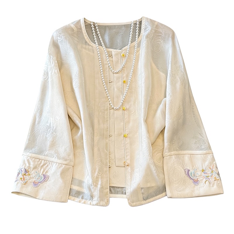 B100(0148外套) 新中式雪纺纱圆领袖边刺绣小花杏开衫上衣