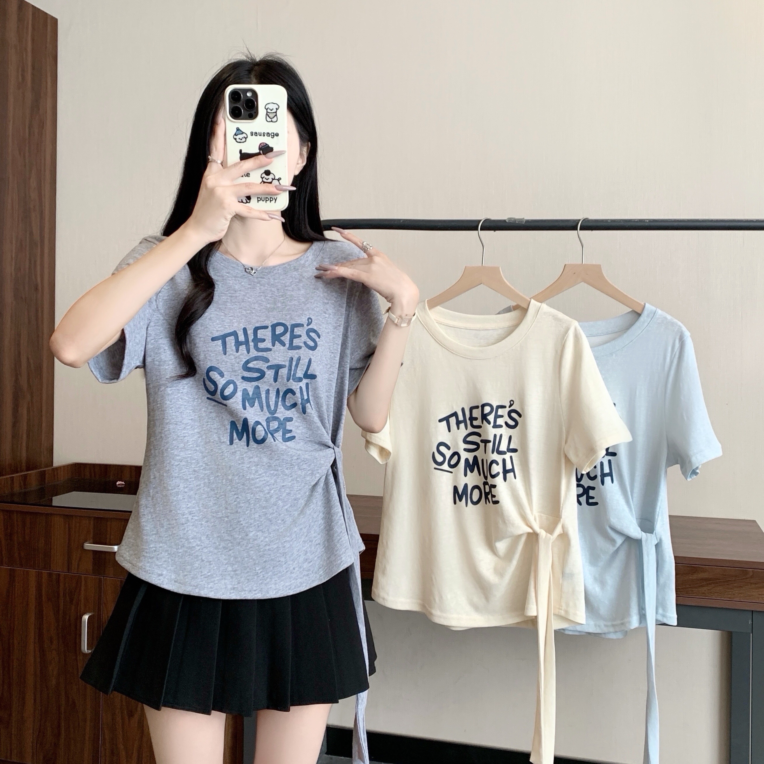 B214(80825) 韩版THERE’S STILL SO MUCH MORE侧腰绑带3色上衣 